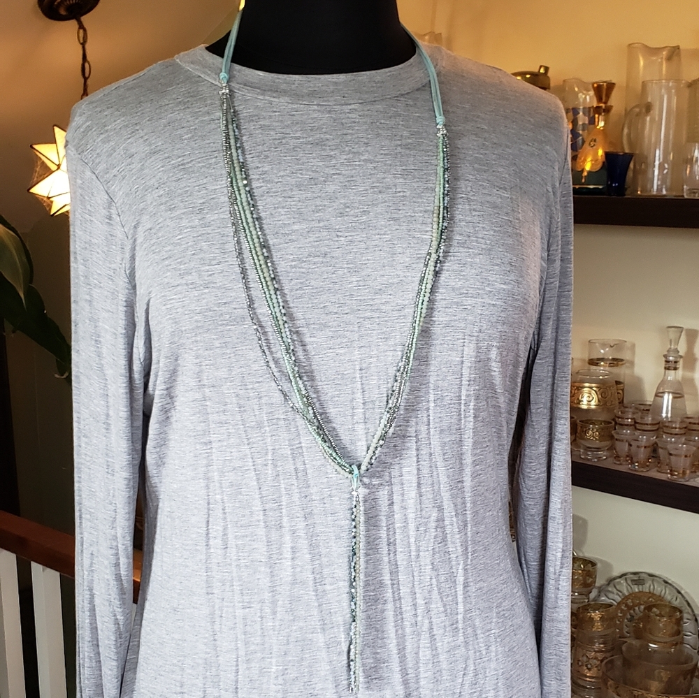 Rush Green And Blue Seed Bead Drop Necklace